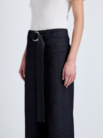 Proenza Schouler Detail image of model wearing Lina Pant in Stretch Twill in Indigo