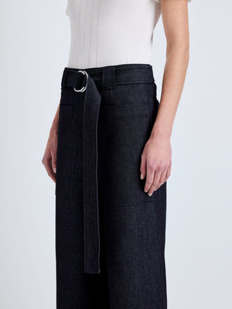 Proenza Schouler Detail image of model wearing Lina Pant in Stretch Twill in Indigo