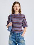 Proenza Schouler Front cropped image of model wearing Dana Sweater in Stripe Knit in Periwinkle Stripe