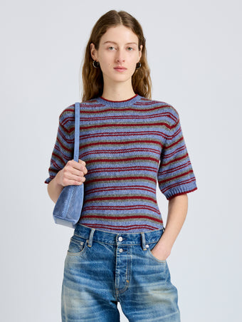 Proenza Schouler Front cropped image of model wearing Dana Sweater in Stripe Knit in Periwinkle Stripe