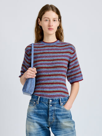 Proenza Schouler Front cropped image of model wearing Dana Sweater in Stripe Knit in Periwinkle Stripe