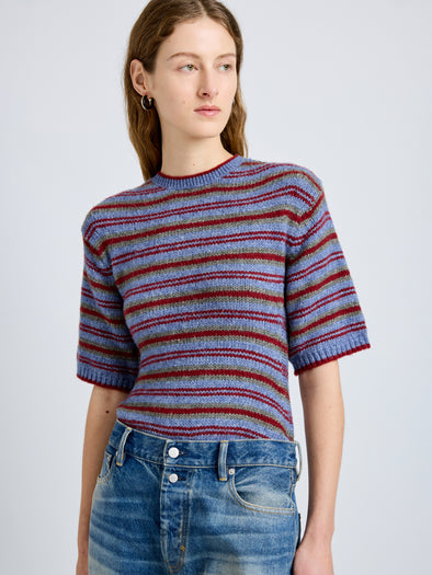 Proenza Schouler Detail image of model wearing Dana Sweater in Stripe Knit in Periwinkle Stripe