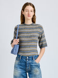 Proenza Schouler Front cropped image of model wearing Dana Sweater in Stripe Knit in Willow Stripe