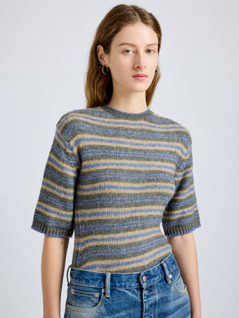 Proenza Schouler Detail image of model wearing Dana Sweater in Stripe Knit in Willow Stripe