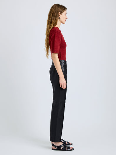 Proenza Schouler Side full length image of model wearing Dana Sweater in Stripe Knit in Brick