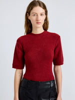 Proenza Schouler Detail image of model wearing Dana Sweater in Stripe Knit in Brick