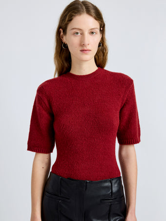 Proenza Schouler Detail image of model wearing Dana Sweater in Stripe Knit in Brick