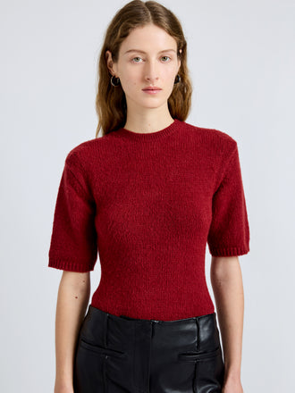 Proenza Schouler Detail image of model wearing Dana Sweater in Stripe Knit in Brick