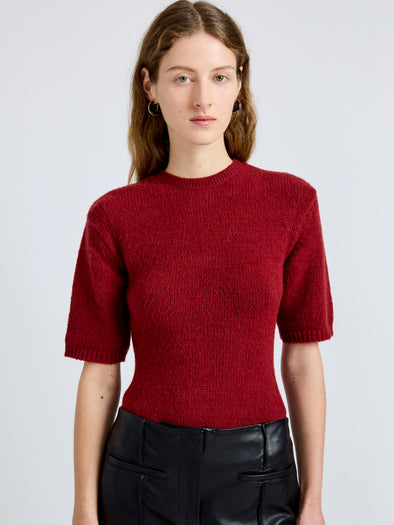 Proenza Schouler Detail image of model wearing Dana Sweater in Stripe Knit in Brick