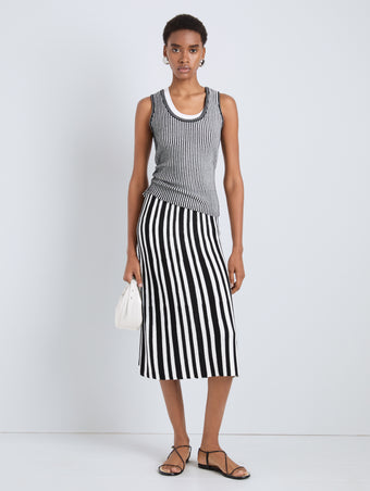 Proenza Schouler Front full length image of model wearing Lennox Top in Cotton Rib in Black Off White