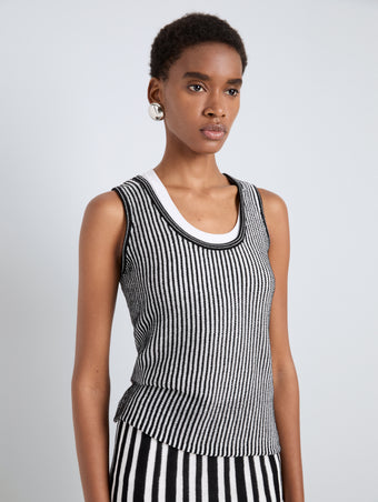 Proenza Schouler Detail image of model wearing Lennox Top in Cotton Rib in Black Off White
