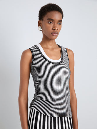 Proenza Schouler Detail image of model wearing Lennox Top in Cotton Rib in Black Off White