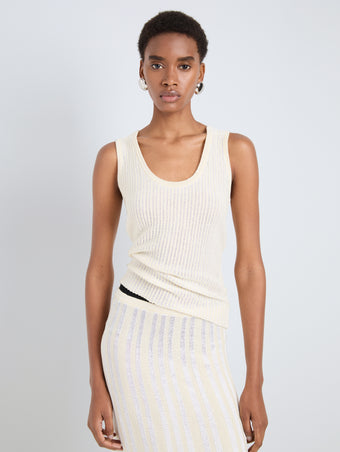 Proenza Schouler Front cropped image of model wearing Lennox Top in Cotton Rib in Butter White
