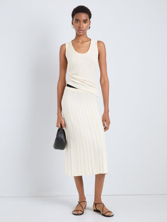 Proenza Schouler Front full length image of model wearing Lennox Top in Cotton Rib in Butter White
