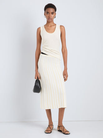 Proenza Schouler Front full length image of model wearing Lennox Top in Cotton Rib in Butter White