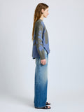 Proenza Schouler Side full length image of model wearing Cathy Sweater in Wool Knit in Willow Periwinkle