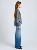 Proenza Schouler Side full length image of model wearing Cathy Sweater in Wool Knit in Willow Periwinkle
