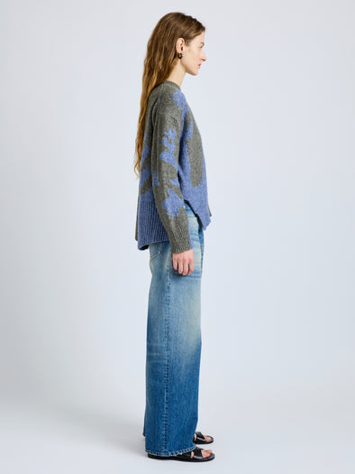Proenza Schouler Side full length image of model wearing Cathy Sweater in Wool Knit in Willow Periwinkle