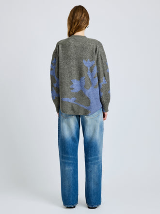 Proenza Schouler Back full length image of model wearing Cathy Sweater in Wool Knit in Willow Periwinkle