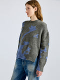 Proenza Schouler Detail image of model wearing Cathy Sweater in Wool Knit in Willow Periwinkle