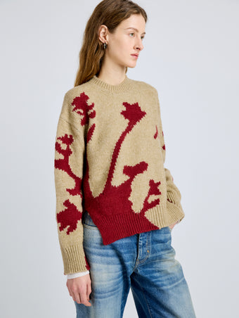 Proenza Schouler Detail image of model wearing Cathy Sweater in Wool Knit in BrickBarley