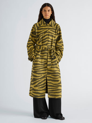 Proenza Schouler Front full length image of model wearing Juliette Coat in Zebra Jacquard in Hemp Black