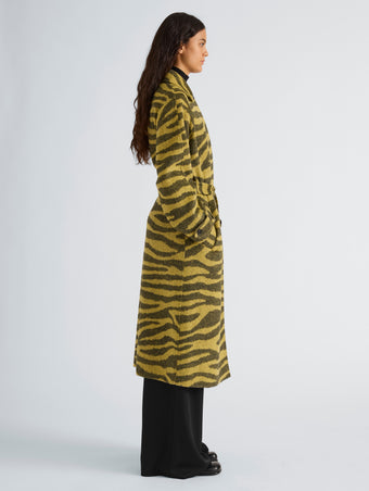 Proenza Schouler Side full length image of model wearing Juliette Coat in Zebra Jacquard in Hemp Black