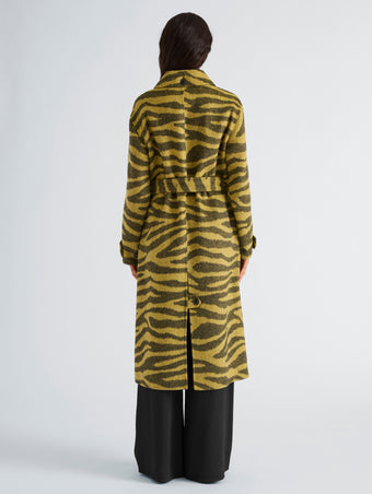 Proenza Schouler Back full length image of model wearing Juliette Coat in Zebra Jacquard in Hemp Black