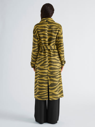 Proenza Schouler Back full length image of model wearing Juliette Coat in Zebra Jacquard in Hemp Black