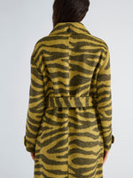 Proenza Schouler Detail image of model wearing Juliette Coat in Zebra Jacquard in Hemp Black
