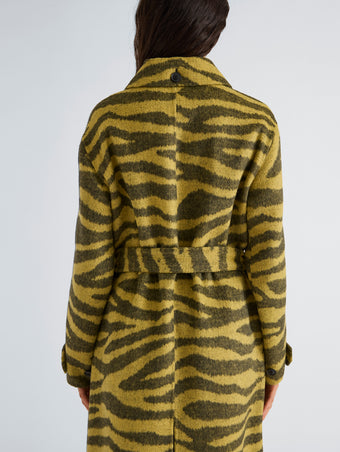 Proenza Schouler Detail image of model wearing Juliette Coat in Zebra Jacquard in Hemp Black
