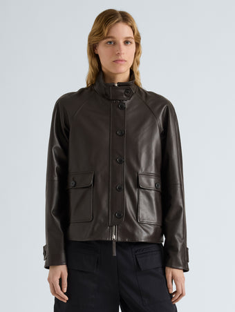 Proenza Schouler Front cropped image of model wearing Gio Jacket in Lightweight Leather in Coffee