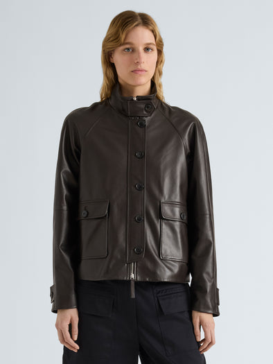 Proenza Schouler Front cropped image of model wearing Gio Jacket in Lightweight Leather in Coffee