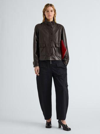 Proenza Schouler Front full length image of model wearing Gio Jacket in Lightweight Leather in Coffee