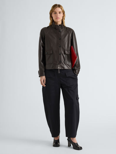 Proenza Schouler Front full length image of model wearing Gio Jacket in Lightweight Leather in Coffee
