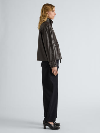Proenza Schouler Side full length image of model wearing Gio Jacket in Lightweight Leather in Coffee