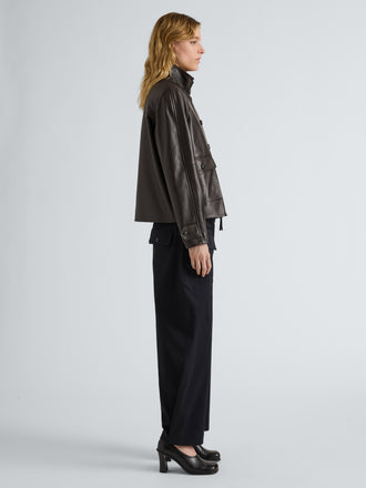 Proenza Schouler Side full length image of model wearing Gio Jacket in Lightweight Leather in Coffee