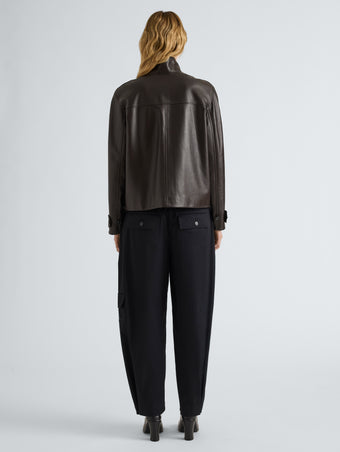 Proenza Schouler Back full length image of model wearing Gio Jacket in Lightweight Leather in Coffee