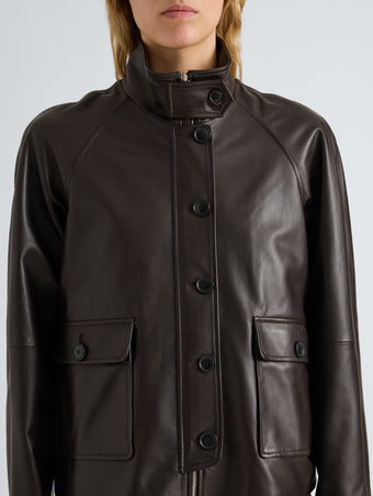 Proenza Schouler Detail image of model wearing Gio Jacket in Lightweight Leather in Coffee