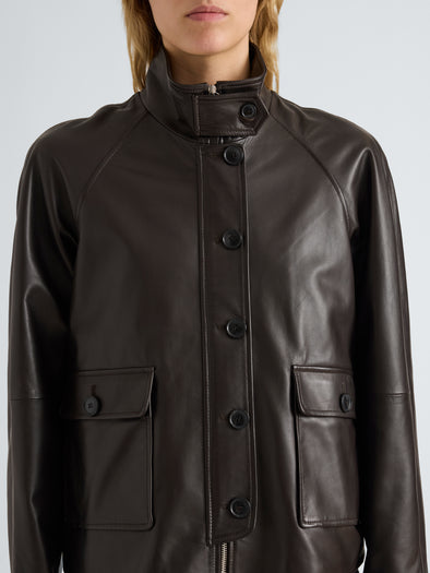 Proenza Schouler Detail image of model wearing Gio Jacket in Lightweight Leather in Coffee