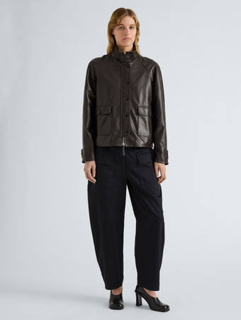 Proenza Schouler Front full length image of model wearing Gio Jacket in Lightweight Leather in Coffee