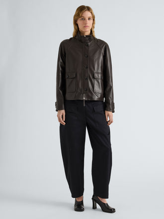 Proenza Schouler Front full length image of model wearing Gio Jacket in Lightweight Leather in Coffee