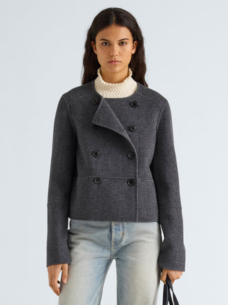 Proenza Schouler Front cropped image of model wearing Courtney Jacket in Melton in Charcoal Melange