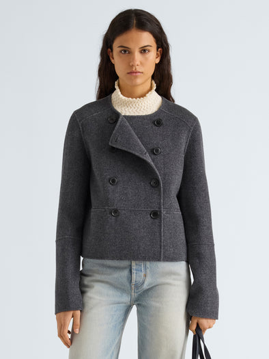 Proenza Schouler Front cropped image of model wearing Courtney Jacket in Melton in Charcoal Melange