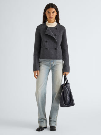 Proenza Schouler Front full length image of model wearing Courtney Jacket in Melton in Charcoal Melange