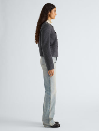 Proenza Schouler Side full length image of model wearing Courtney Jacket in Melton in Charcoal Melange