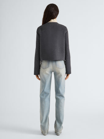 Proenza Schouler Back full length image of model wearing Courtney Jacket in Melton in Charcoal Melange