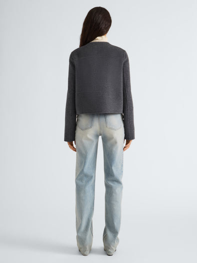 Proenza Schouler Back full length image of model wearing Courtney Jacket in Melton in Charcoal Melange