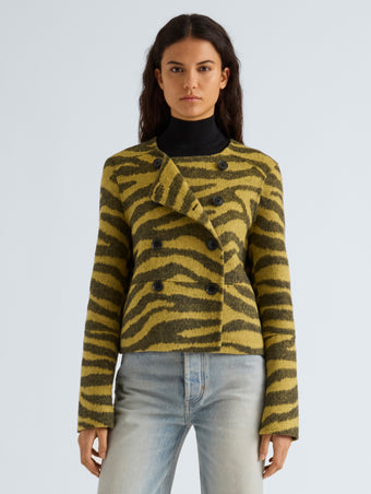 Proenza Schouler Front cropped image of model wearing Courtney Jacket in Zebra Jacquard in Hemp Black