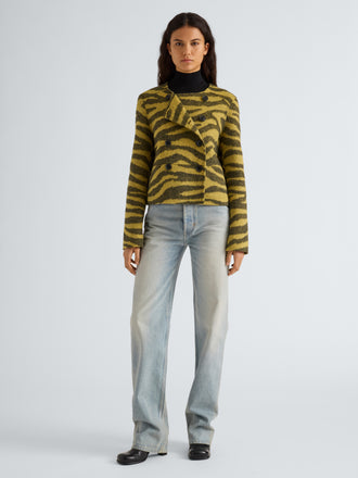Proenza Schouler Front full length image of model wearing Courtney Jacket in Zebra Jacquard in Hemp Black